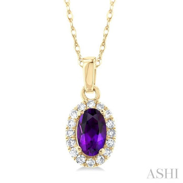 5x3 MM Oval Shape Amethyst and 1/20 Ctw Single Cut Diamond Halo Semi-Precious Pendant with Chain in 10K Yellow Gold